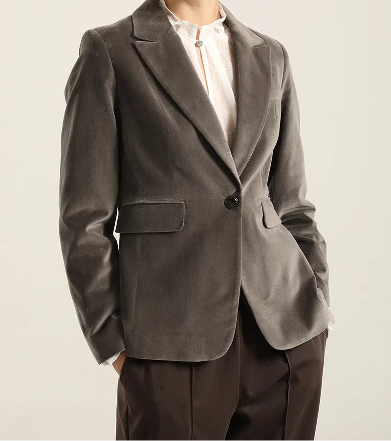 Blazer Mujer Basico Entallado Terciopelo Gris