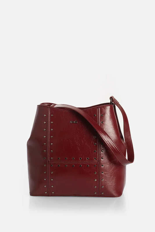 Cartera Mujer Tachas Simil Cuero Burdeo