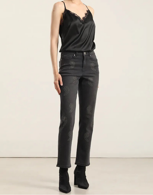 Jeans Mujer Slim Amebas Tachas Gris