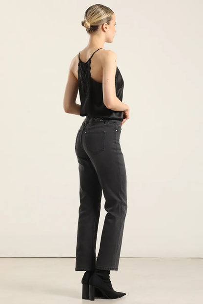 Jeans Mujer Slim Amebas Tachas Gris