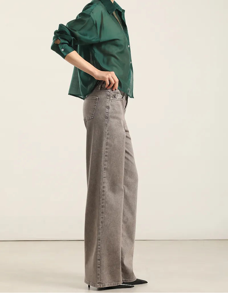 Jeans Mujer Color Straight Procesado Gris