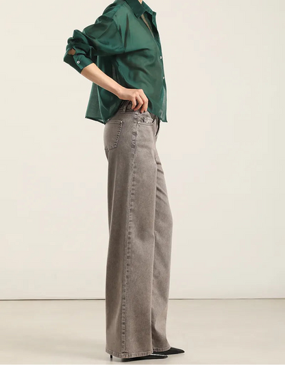 Jeans Mujer Color Straight Procesado Gris