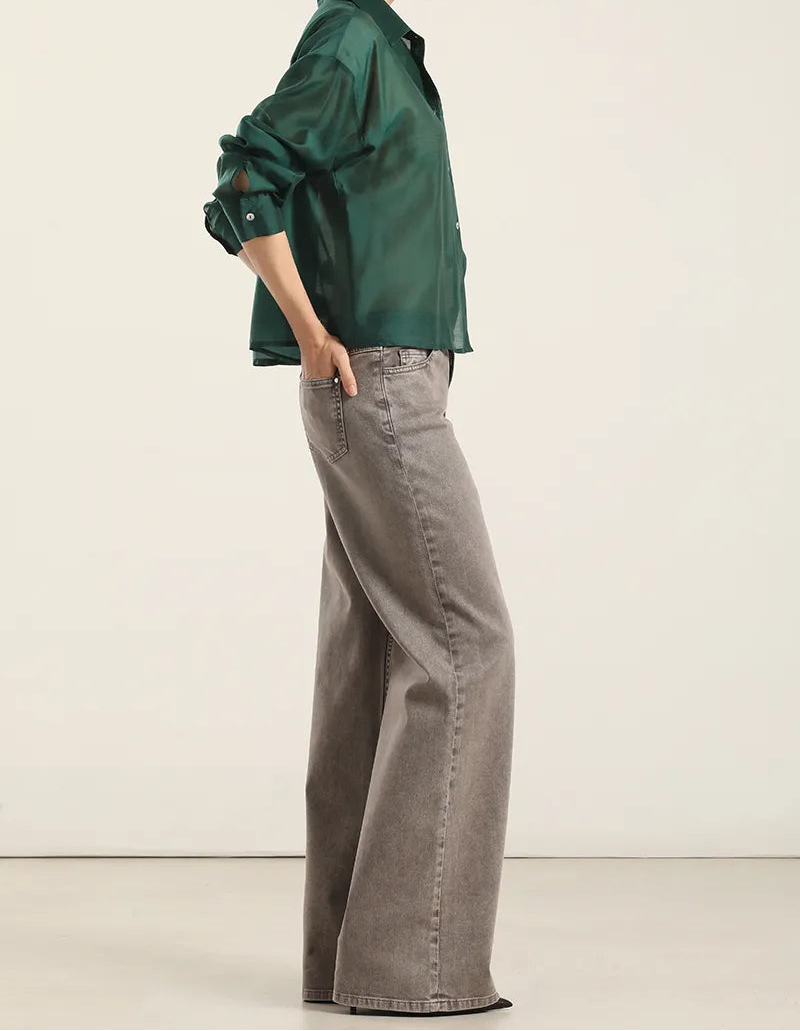 Jeans Mujer Color Straight Procesado Gris