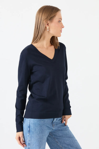 Sweater Mujer Cuello en V Azul Marino
