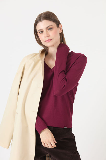 Sweater Mujer Cuello en V Burdeo