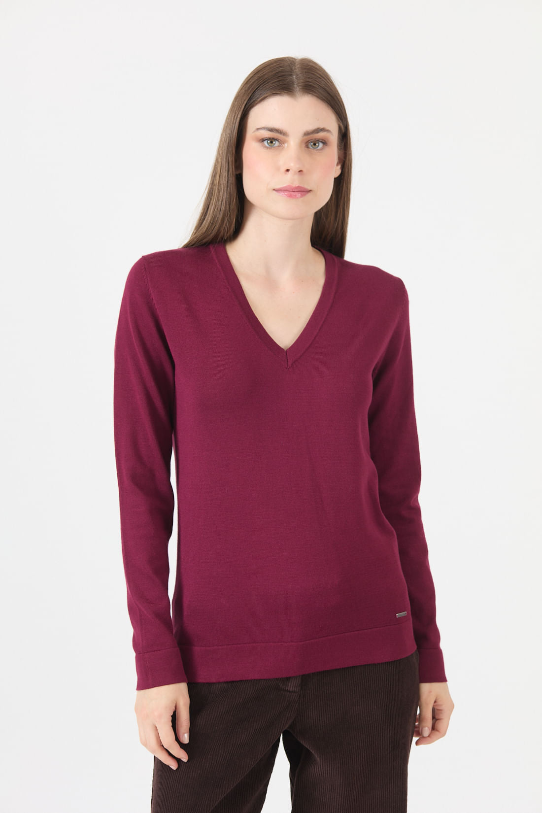 Sweater Mujer Cuello en V Burdeo