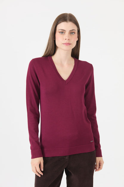 Sweater Mujer Cuello en V Burdeo