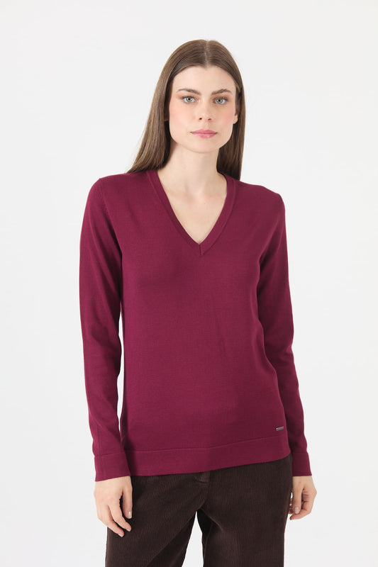 Sweater Mujer Cuello en V Burdeo