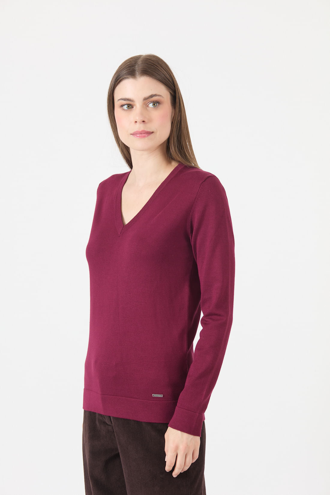 Sweater Mujer Cuello en V Burdeo