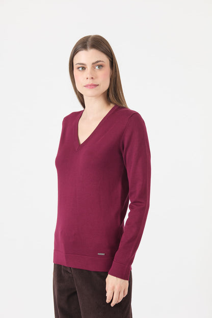 Sweater Mujer Cuello en V Burdeo