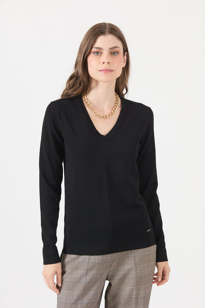 Sweater Mujer Cuello en V Negro