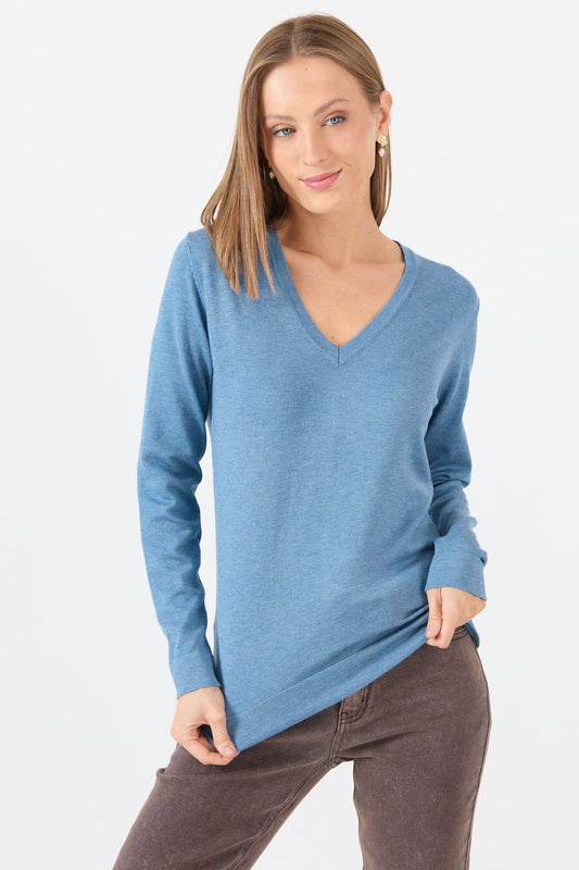 Sweater Mujer Melange Cuello en V Denim