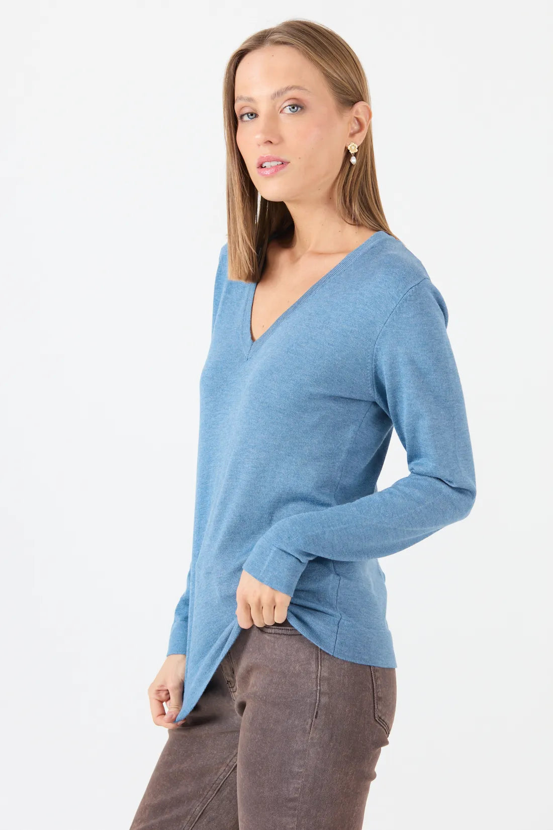 Sweater Mujer Melange Cuello en V Denim
