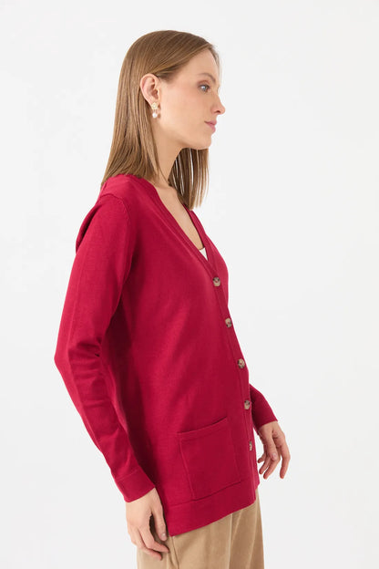 Cardigan Mujer Cuello en V Rojo