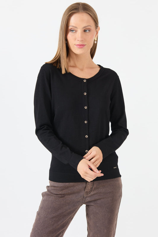 Cardigan Mujer Cuello Redondo Negro