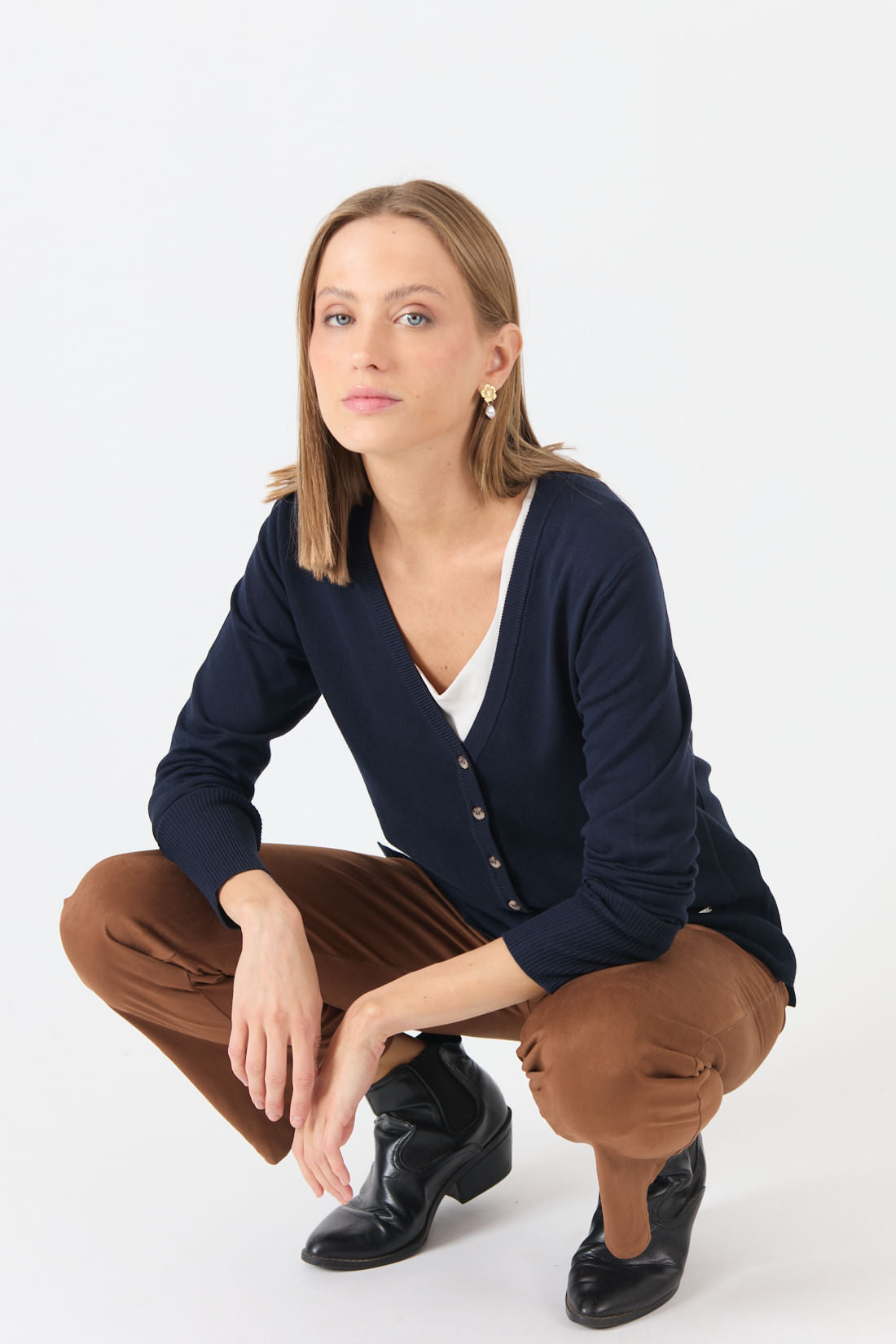 Cardigan Mujer Cuello en V Liso Azul Marino