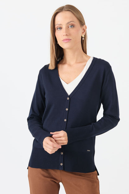 Cardigan Mujer Cuello en V Liso Azul Marino