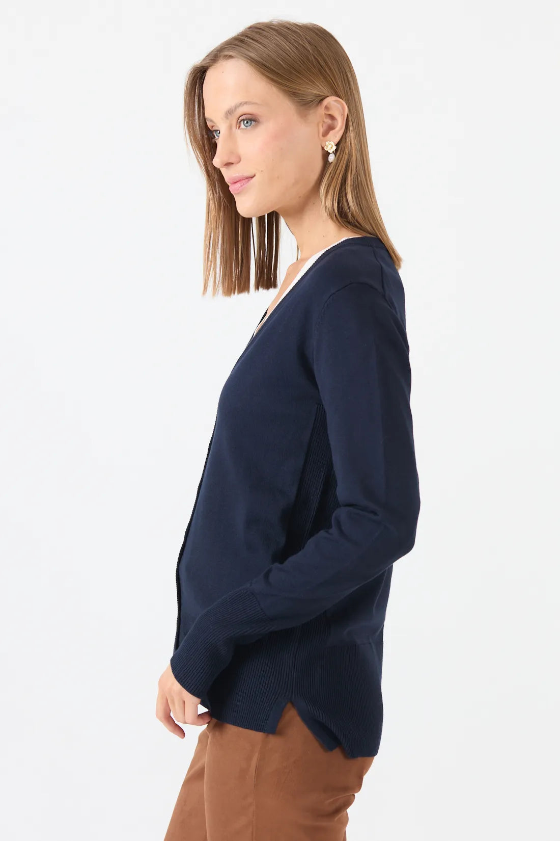 Cardigan Mujer Cuello en V Liso Azul Marino