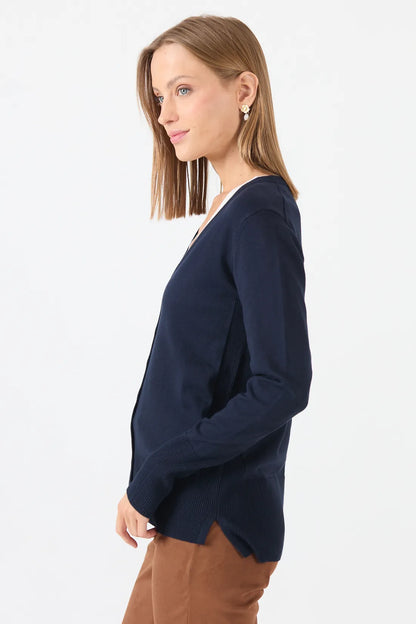 Cardigan Mujer Cuello en V Liso Azul Marino