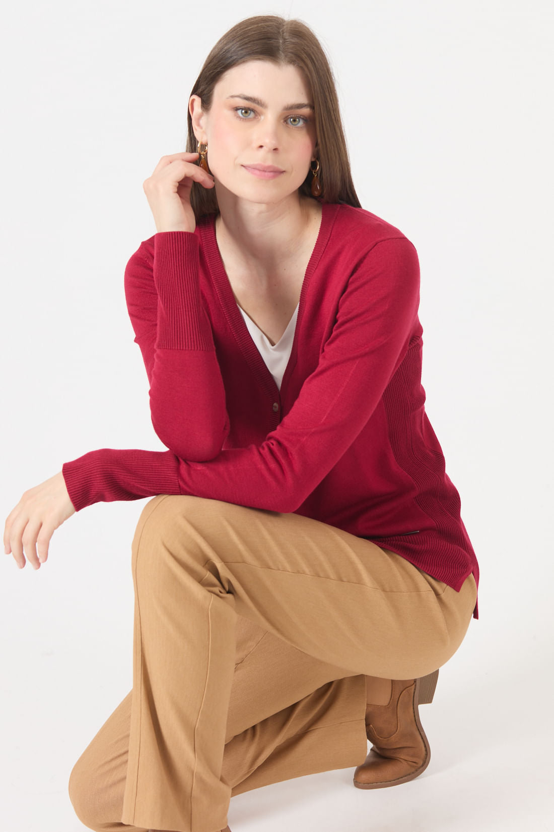 Cardigan Mujer Cuello en V Liso Rojo