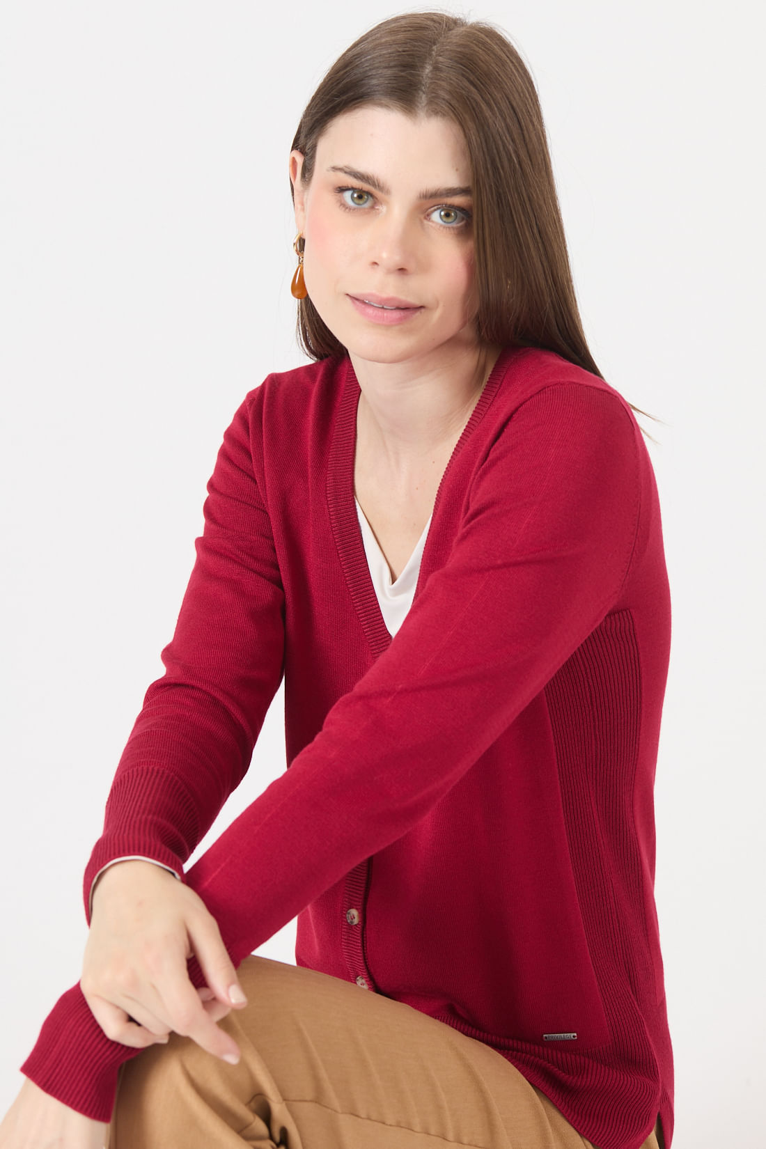 Cardigan Mujer Cuello en V Liso Rojo