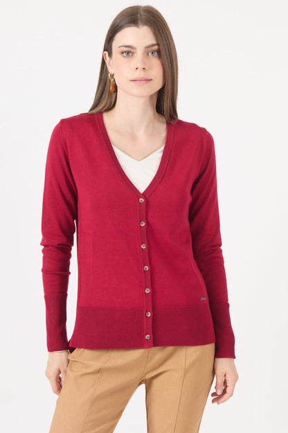 Cardigan Mujer Cuello en V Liso Rojo