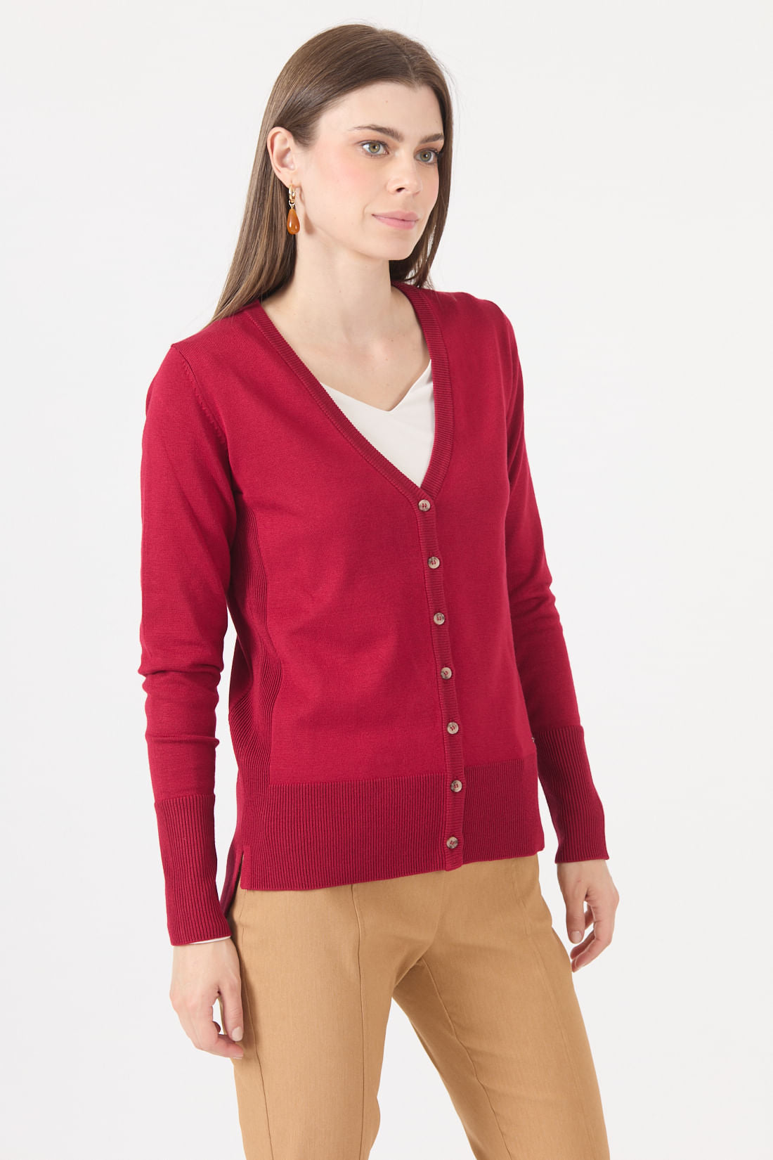 Cardigan Mujer Cuello en V Liso Rojo