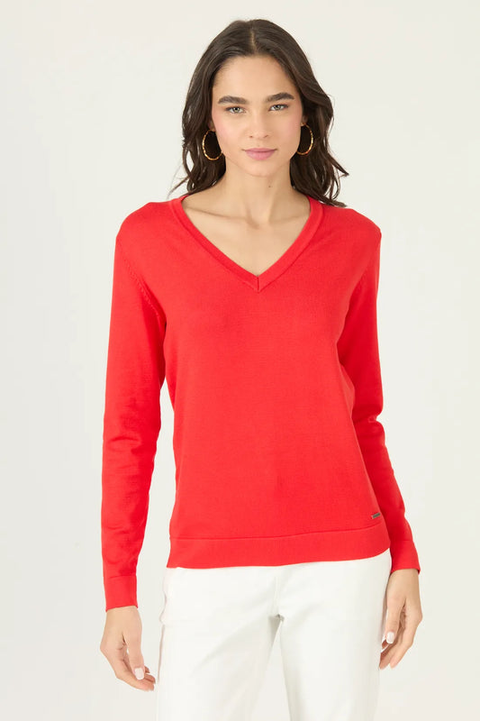 Sweater Mujer Cuello V Rojo
