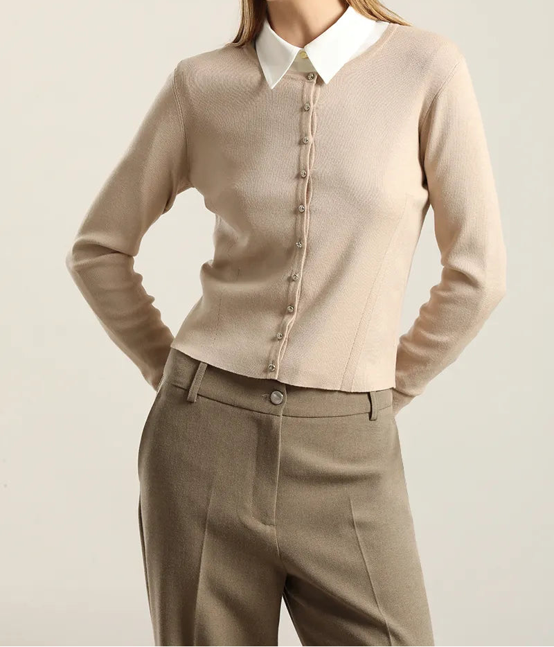 Cardigan Mujer Basico Punto Beige