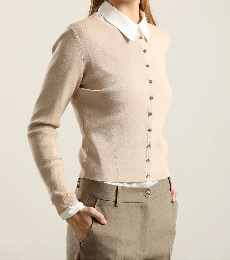 Cardigan Mujer Basico Punto Beige