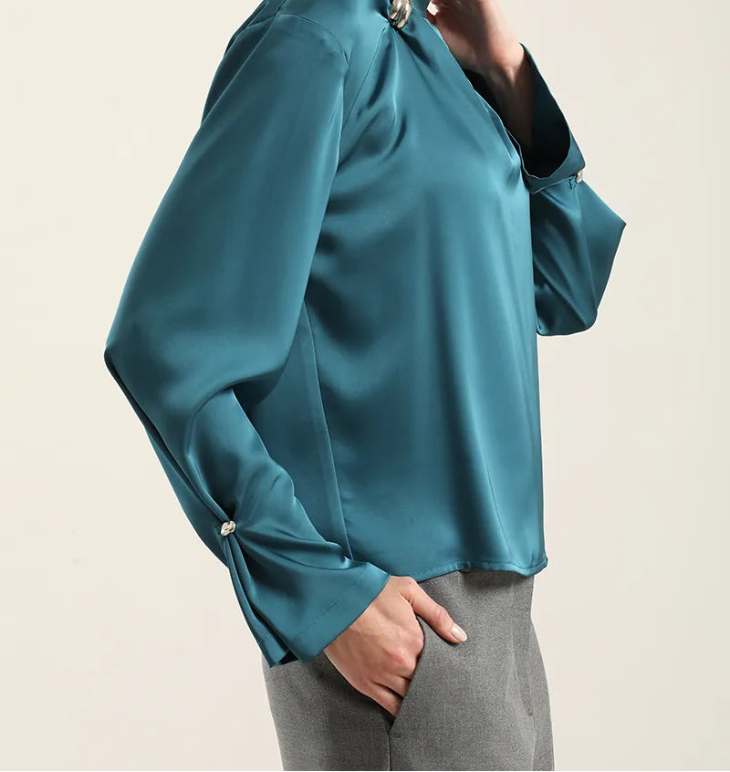 Blusa Mujer Satin Herraje Metal Turquesa