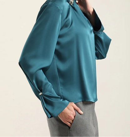 Blusa Mujer Satin Herraje Metal Turquesa