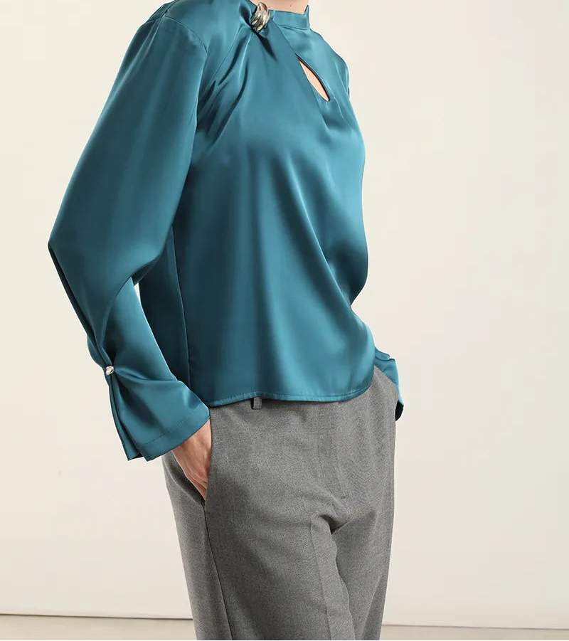 Blusa Mujer Satin Herraje Metal Turquesa