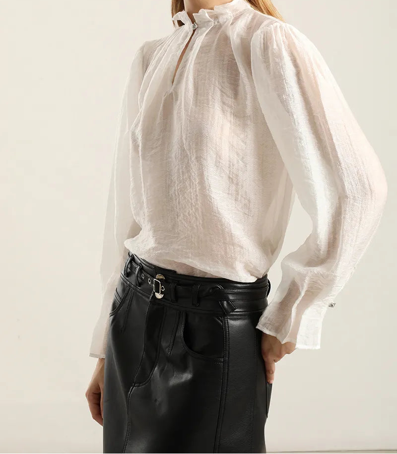 Blusa Mujer Semitransparente Boton Joya Crudo