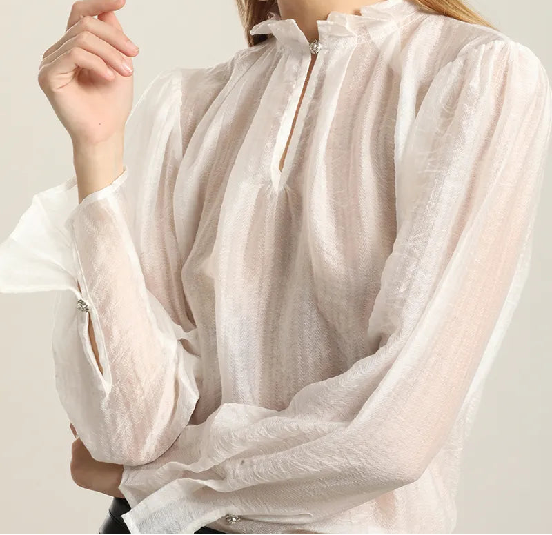 Blusa Mujer Semitransparente Boton Joya Crudo