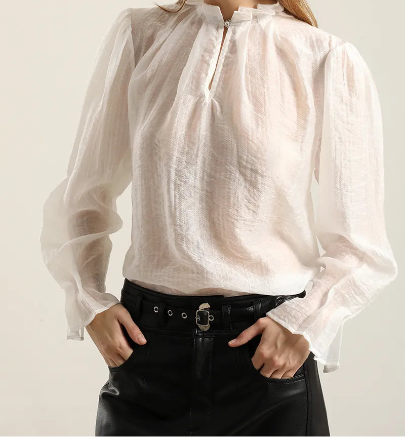 Blusa Mujer Semitransparente Boton Joya Crudo