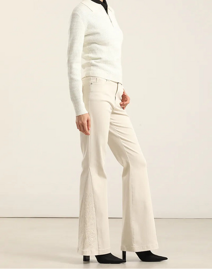 Jeans Mujer Color Flare Bordado Masilla