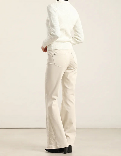 Jeans Mujer Color Flare Bordado Masilla