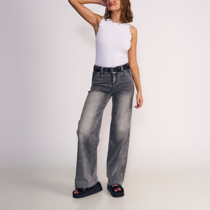 Jeans Mujer Wide Leg Gris