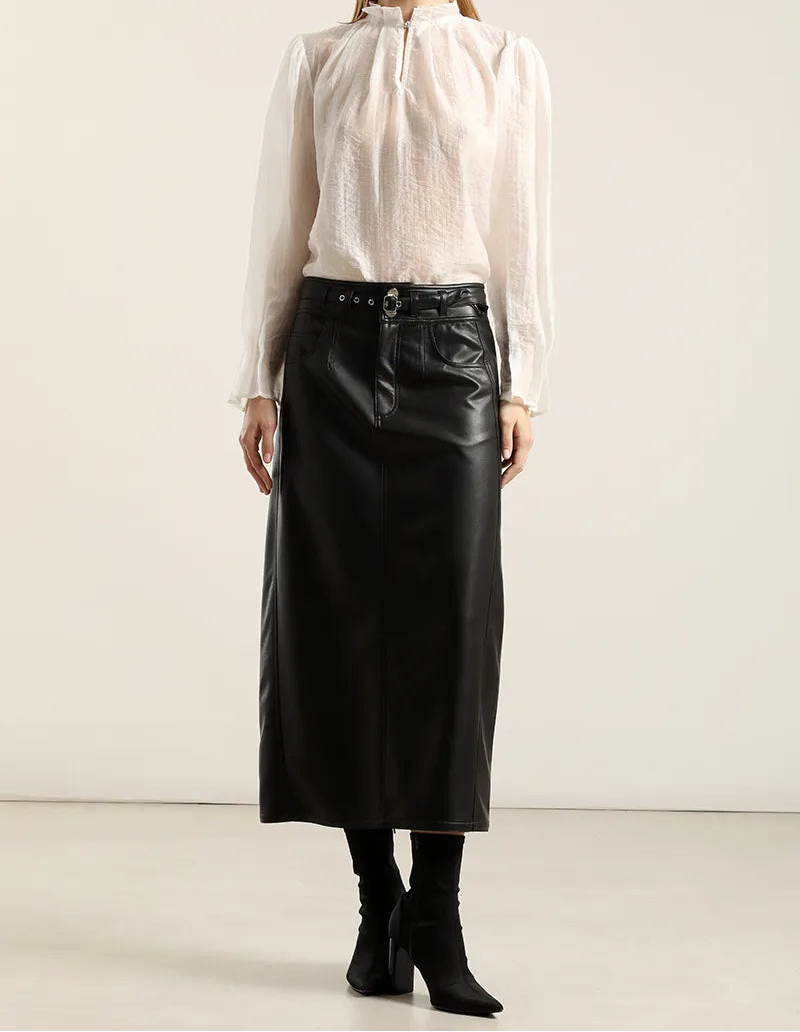 Falda Mujer Midi Efecto Cuero Negro