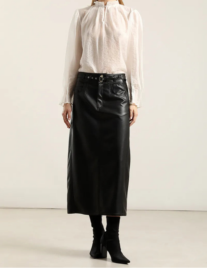 Falda Mujer Midi Efecto Cuero Negro