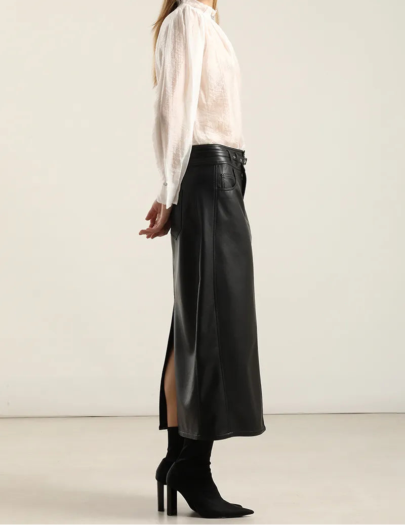 Falda Mujer Midi Efecto Cuero Negro