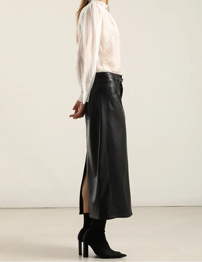 Falda Mujer Midi Efecto Cuero Negro