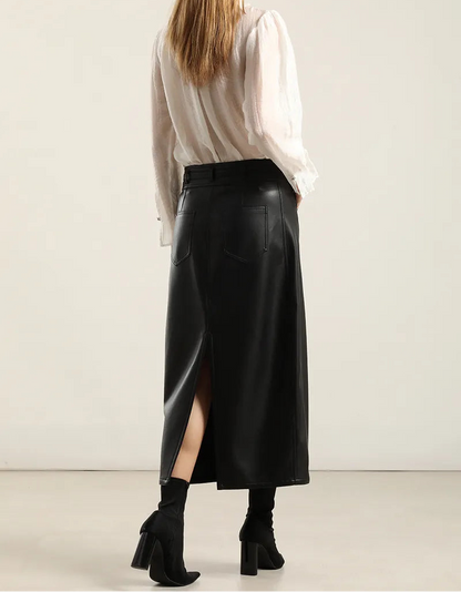 Falda Mujer Midi Efecto Cuero Negro