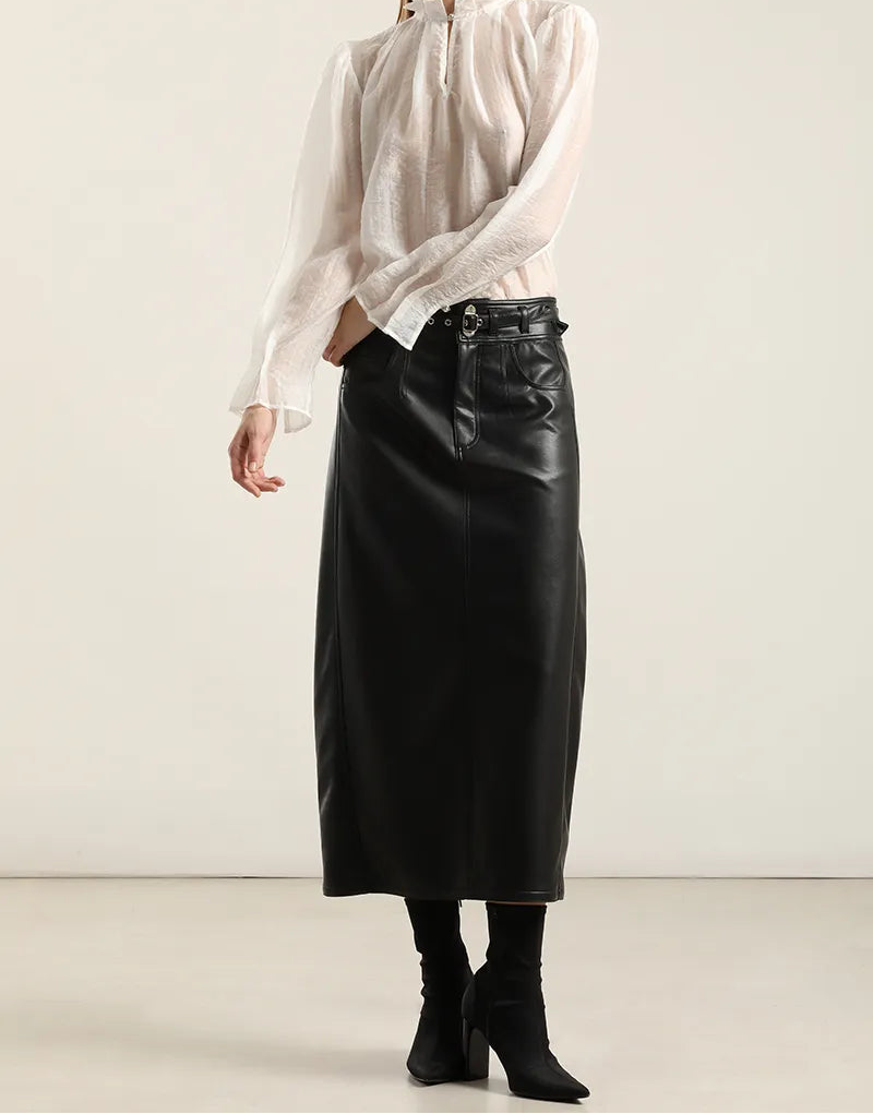 Falda Mujer Midi Efecto Cuero Negro