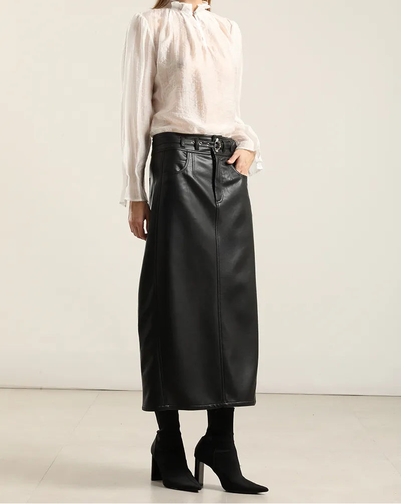Falda Mujer Midi Efecto Cuero Negro