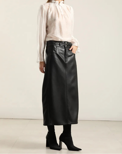 Falda Mujer Midi Efecto Cuero Negro