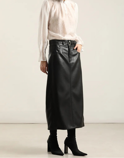 Falda Mujer Midi Efecto Cuero Negro