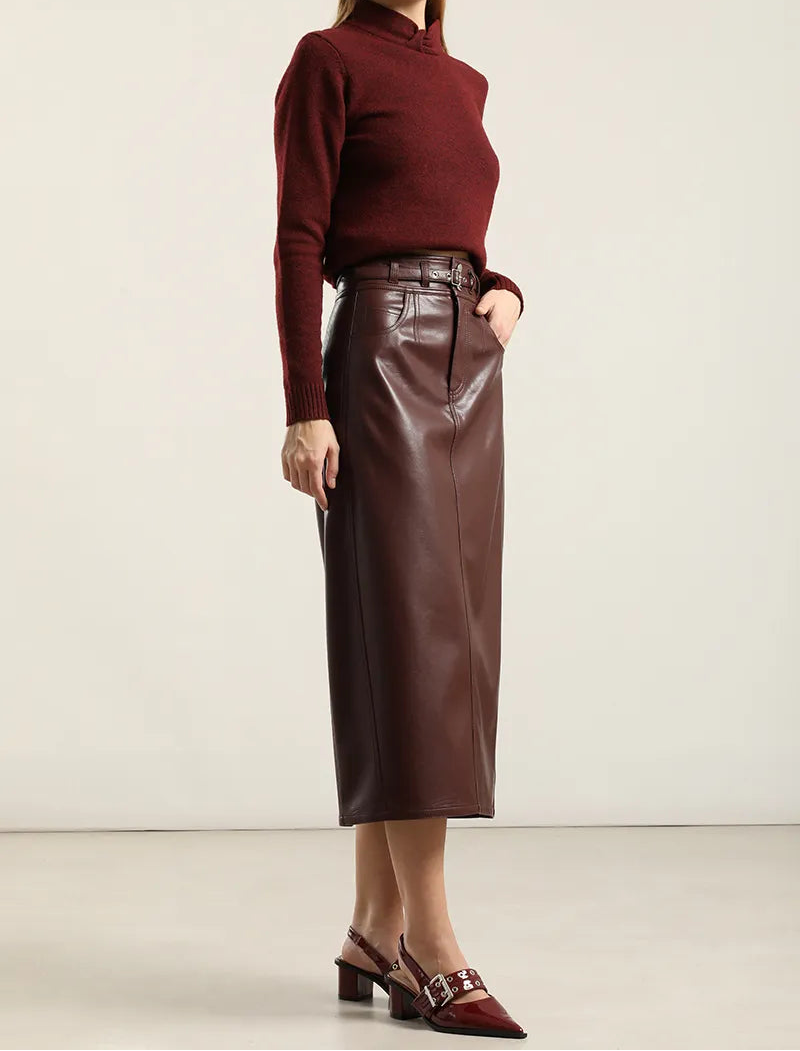 Falda Mujer Midi Efecto Cuero Burdeos