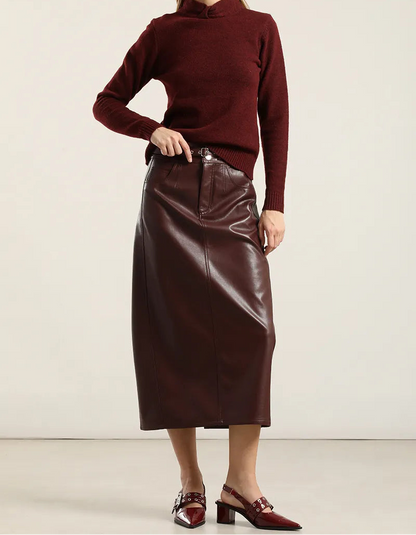 Falda Mujer Midi Efecto Cuero Burdeos